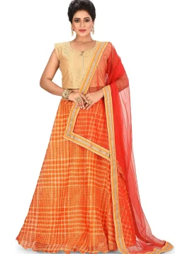 Printed Kota Silk Lehenga in Orange
