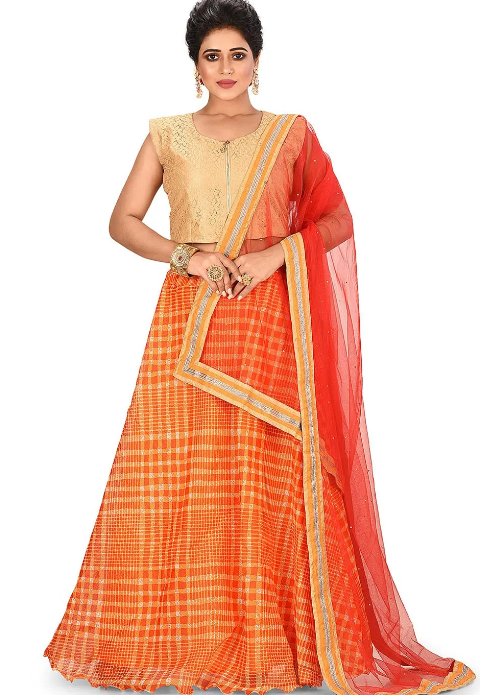 Printed Kota Silk Lehenga in Orange