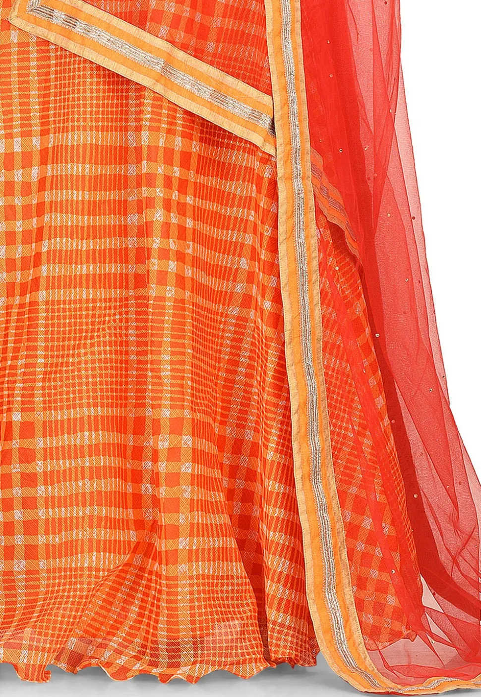 Printed Kota Silk Lehenga in Orange