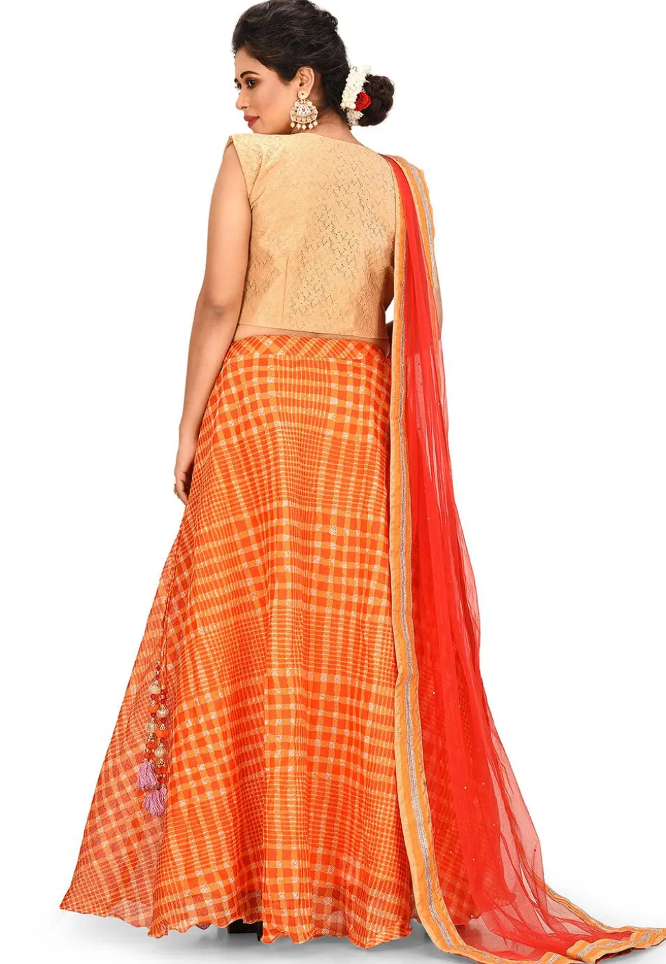 Printed Kota Silk Lehenga in Orange