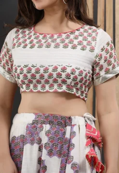 Printed Linen Lehenga in Off White