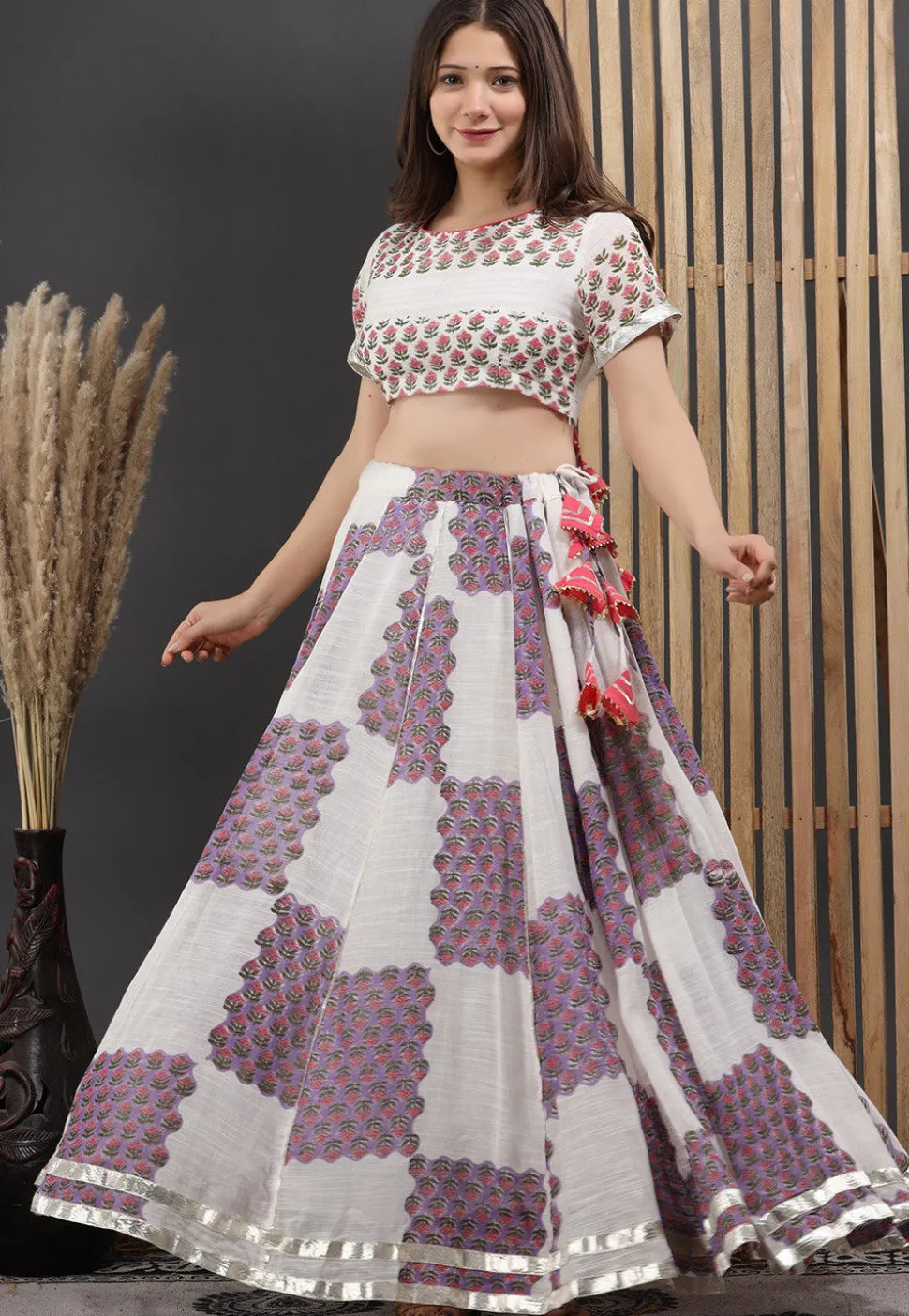 Printed Linen Lehenga in Off White