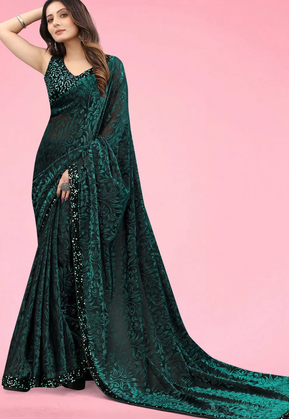 Printed Lycra (Elastane) Saree in Dark Green
