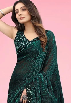Printed Lycra (Elastane) Saree in Dark Green