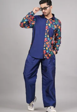 Printed Modal Satin Co Ord Set in Navy Blue