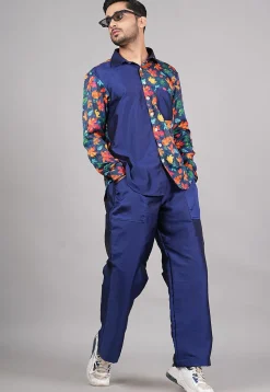 Printed Modal Satin Co Ord Set in Navy Blue