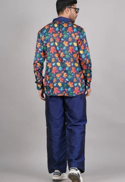Printed Modal Satin Co Ord Set in Navy Blue