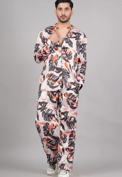 Printed Modal Satin Co Ord Set in Light Peach