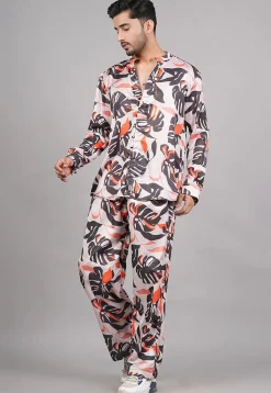 Printed Modal Satin Co Ord Set in Light Peach