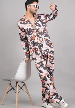 Printed Modal Satin Co Ord Set in Light Peach