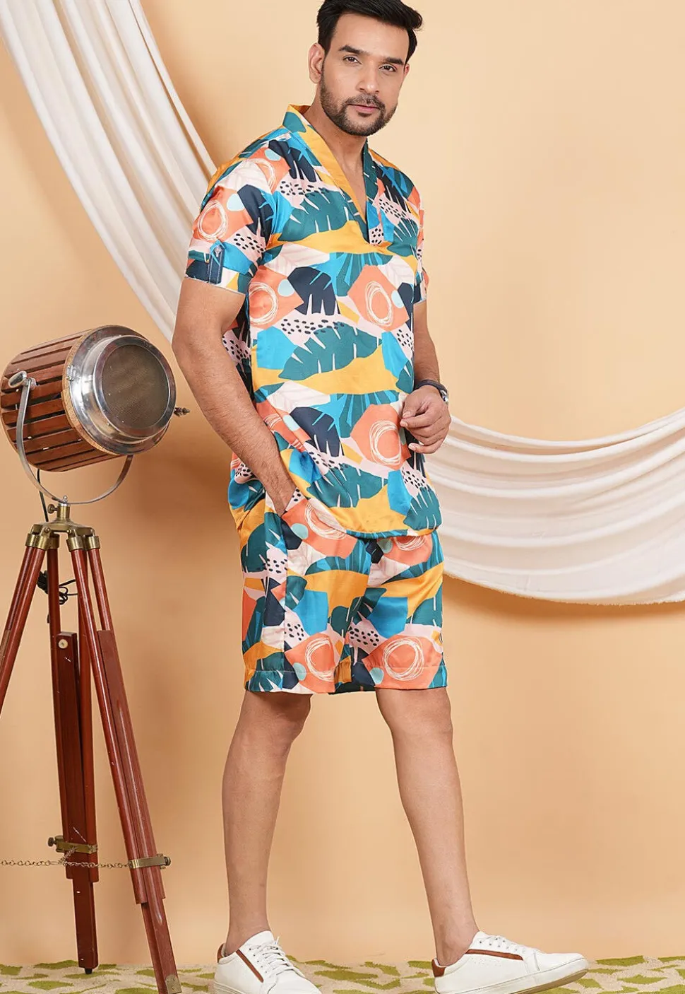 Printed Modal Satin Co Ord Set in Multicolor