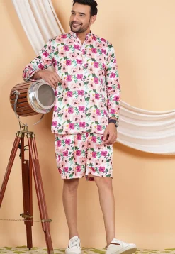 Printed Modal Satin Co Ord Set in Peach
