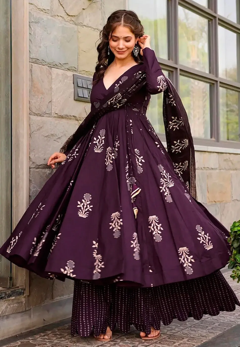 Printed Muslin Cotton Pakistani Suit in Wine