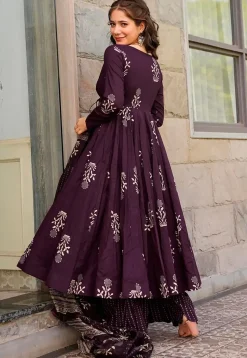 Printed Muslin Cotton Pakistani Suit in Wine