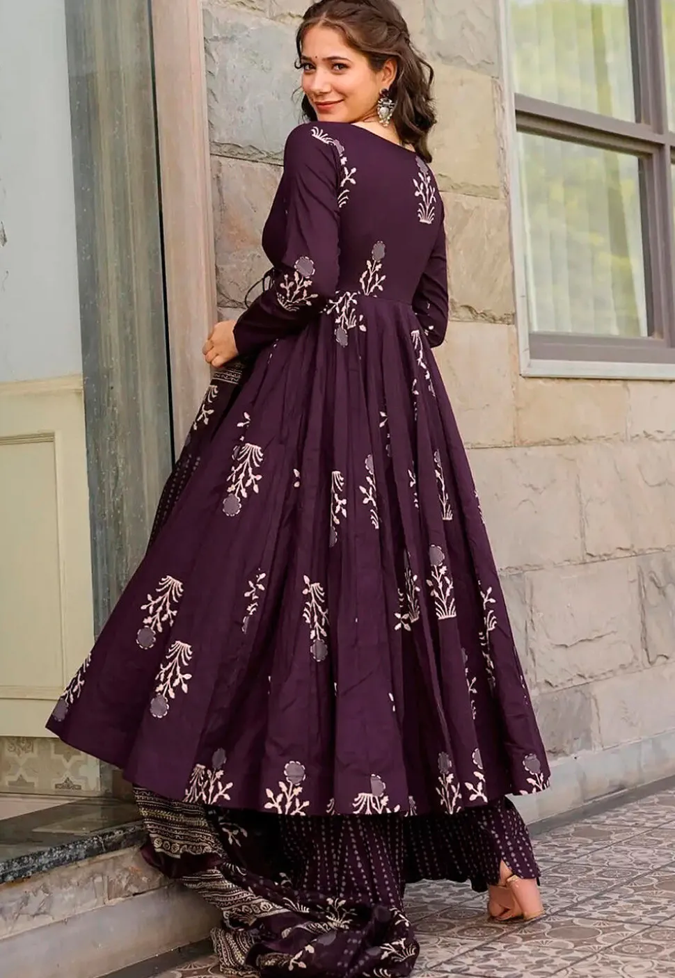 Printed Muslin Cotton Pakistani Suit in Wine