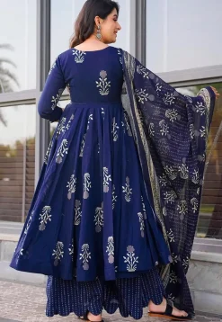 Printed Muslin Cotton Pakistani Suit in Navy Blue