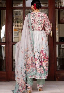 Printed Muslin Silk Aline Suit in Off White
