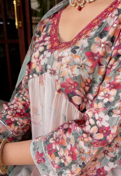 Printed Muslin Silk Aline Suit in Off White