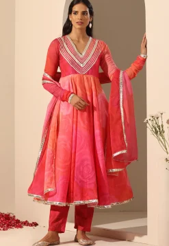 Printed Muslin Silk Anarkali Suit in Pink And Coral