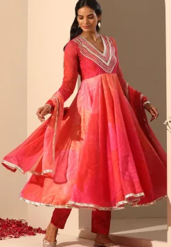 Printed Muslin Silk Anarkali Suit in Pink And Coral