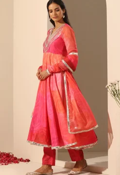 Printed Muslin Silk Anarkali Suit in Pink And Coral