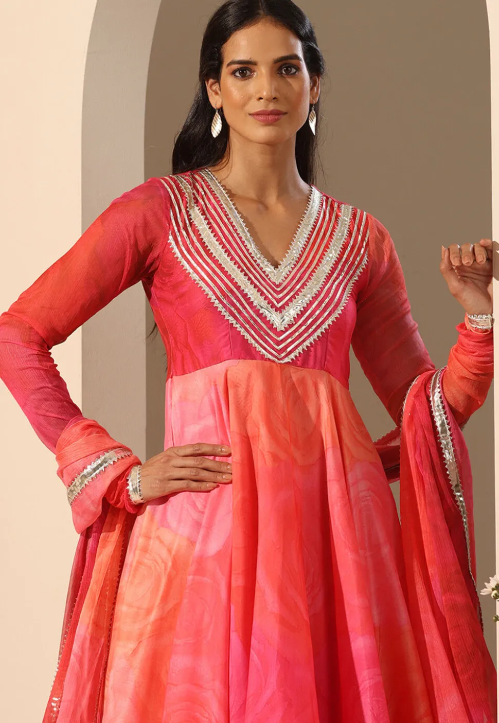 Printed Muslin Silk Anarkali Suit in Pink And Coral
