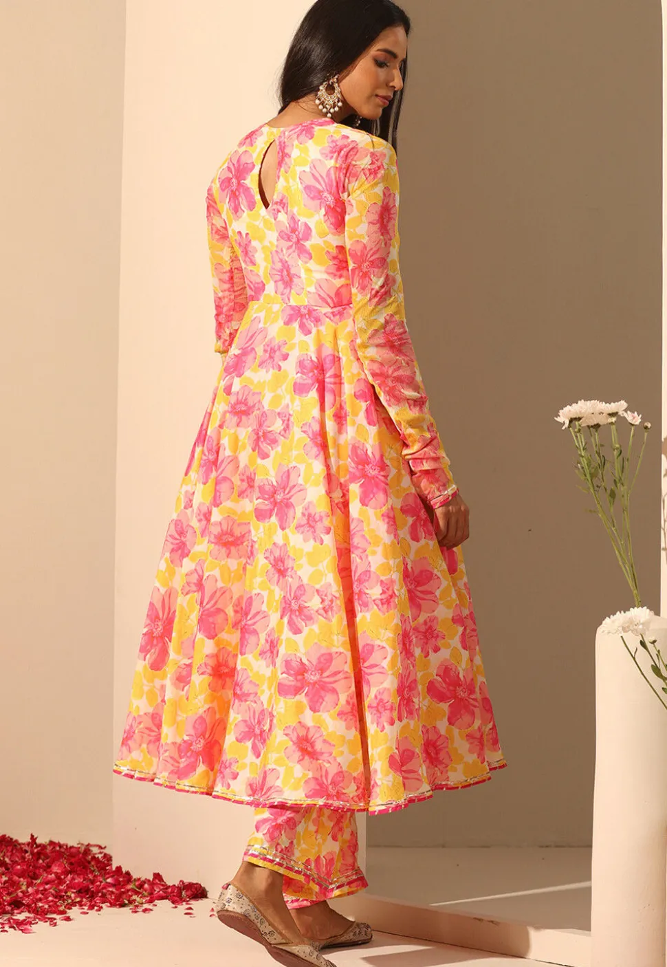 Printed Muslin Silk Anarkali Suit in Yellow