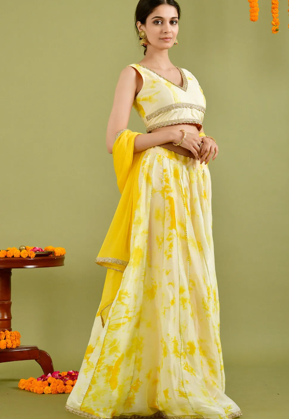 Printed Muslin Silk Lehenga in Light Yellow
