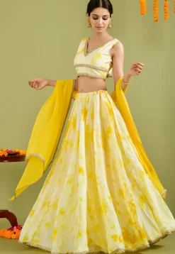 Printed Muslin Silk Lehenga in Light Yellow