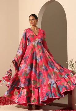 Printed Muslin Silk Lehenga in Pink