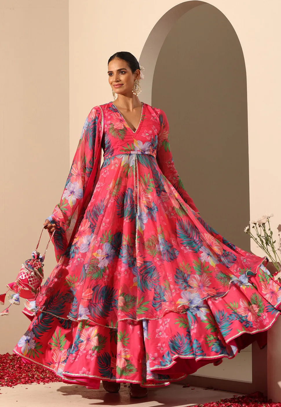 Printed Muslin Silk Lehenga in Pink