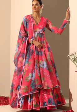 Printed Muslin Silk Lehenga in Pink