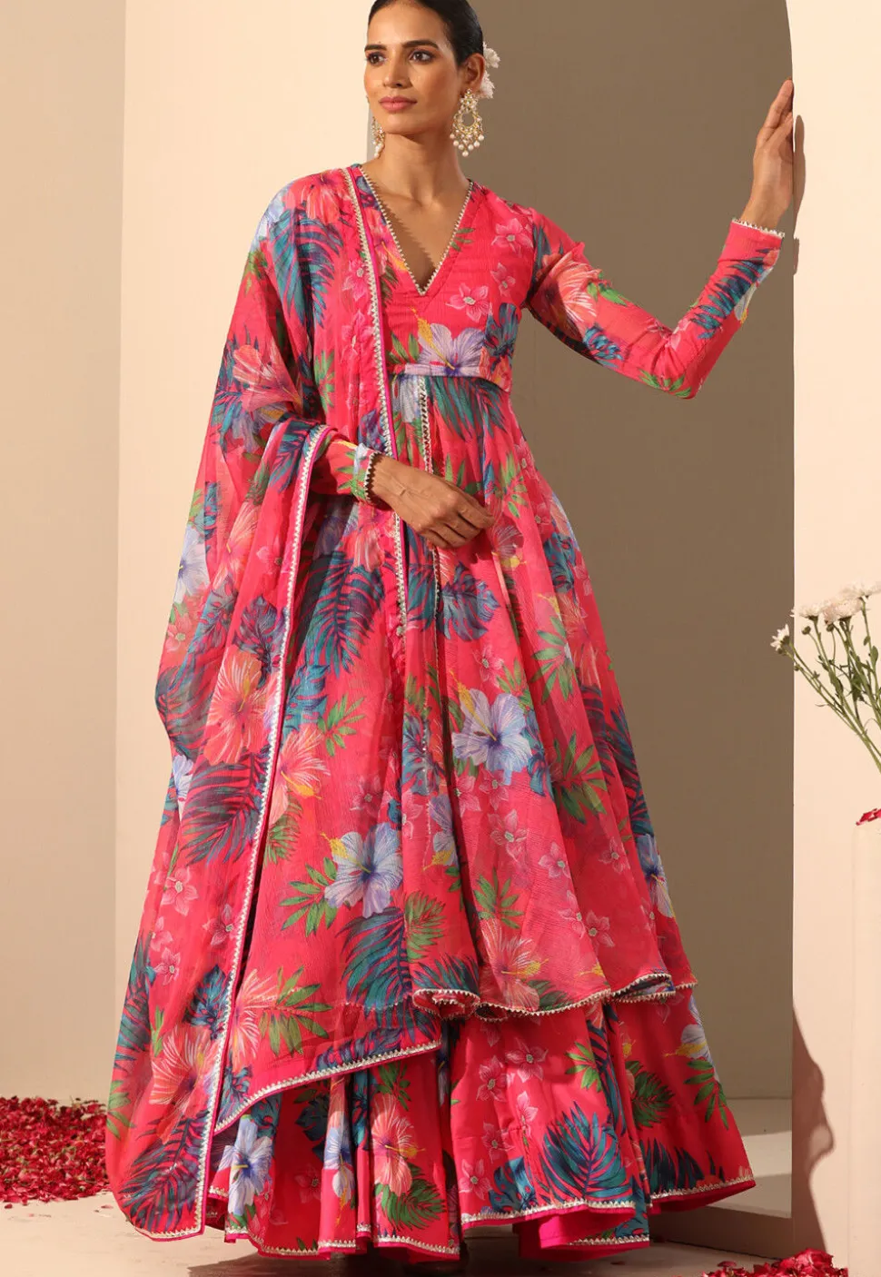Printed Muslin Silk Lehenga in Pink