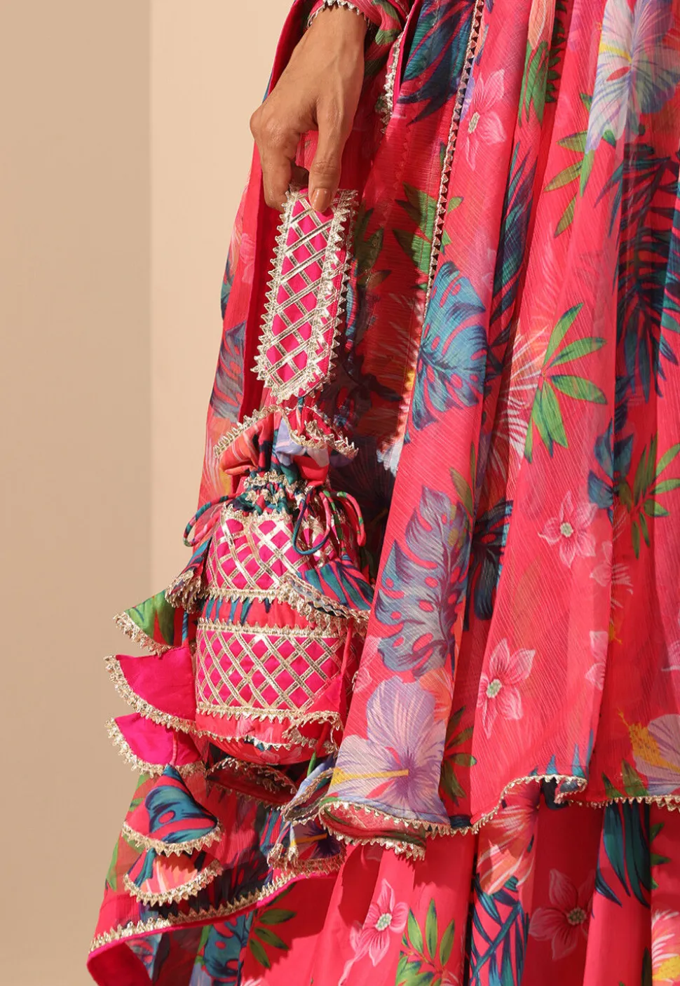 Printed Muslin Silk Lehenga in Pink