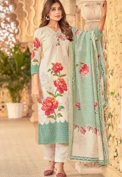 Printed Muslin Silk Pakistani Suit in Cream