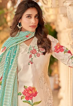 Printed Muslin Silk Pakistani Suit in Cream