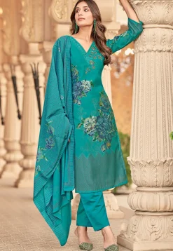 Printed Muslin Silk Pakistani Suit in Teal Green