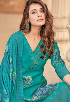 Printed Muslin Silk Pakistani Suit in Teal Green