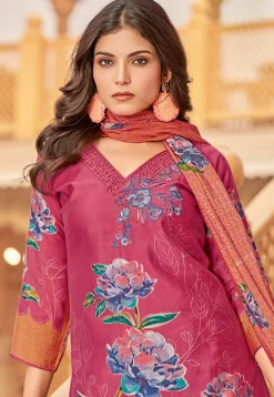 Printed Muslin Silk Pakistani Suit in Pink