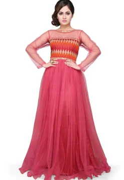 Printed Net and Art Silk Gown In Pink