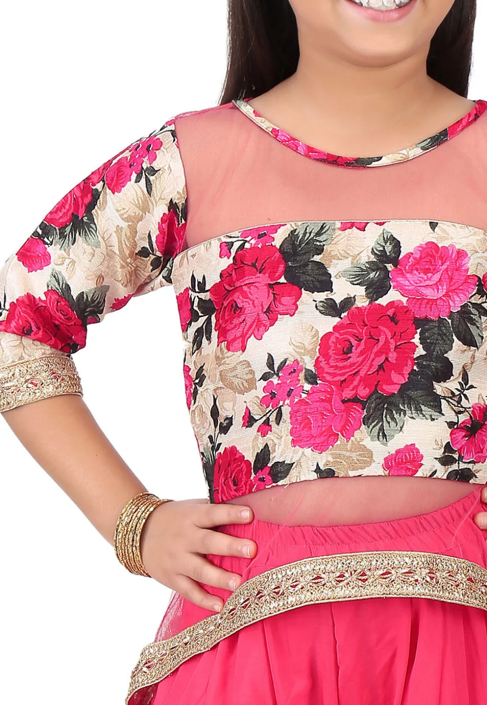 Printed Net and Bhagalpuri Silk Top Set in Pink and Beige