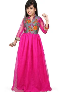 Printed Net and Bhagalpuri Silk Gown in Fuchsia and Grey