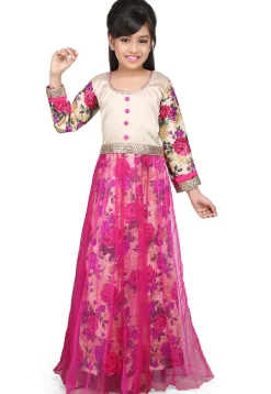 Printed Net and Ghicha Silk Gown in Beige and Magenta