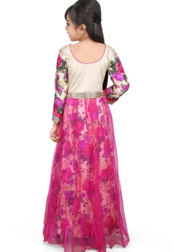 Printed Net and Ghicha Silk Gown in Beige and Magenta