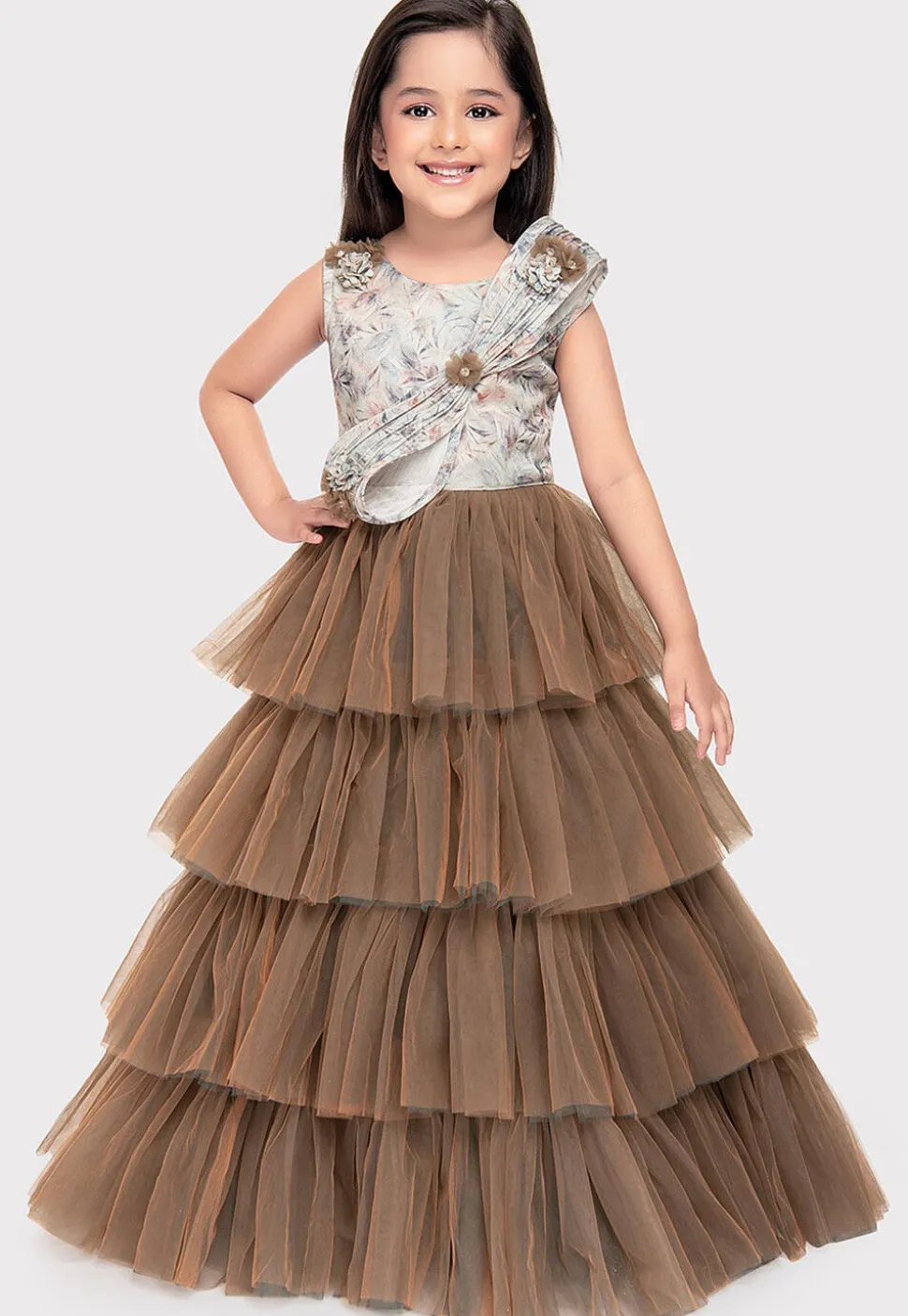 Printed Net Gown in Brown and Cream
