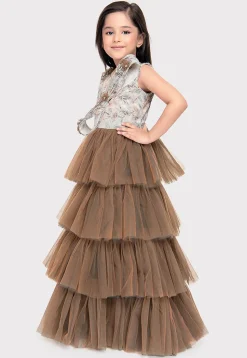 Printed Net Gown in Brown and Cream