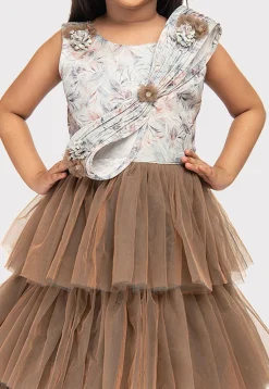 Printed Net Gown in Brown and Cream