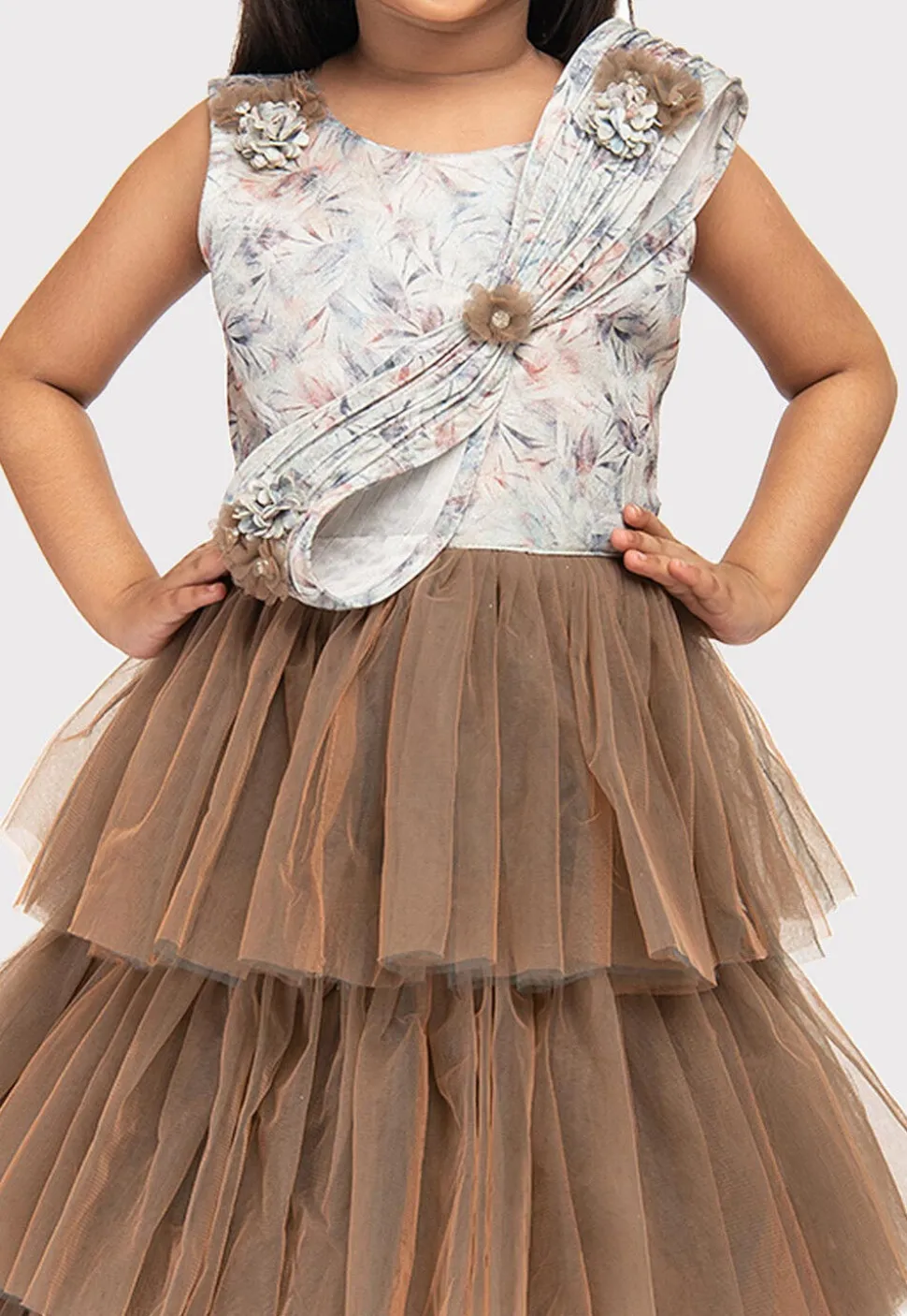 Printed Net Gown in Brown and Cream