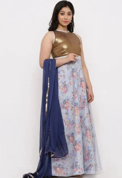 Printed Organza Abaya Style Suit in Light Grey and Copper