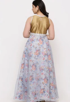 Printed Organza Abaya Style Suit in Light Grey and Copper